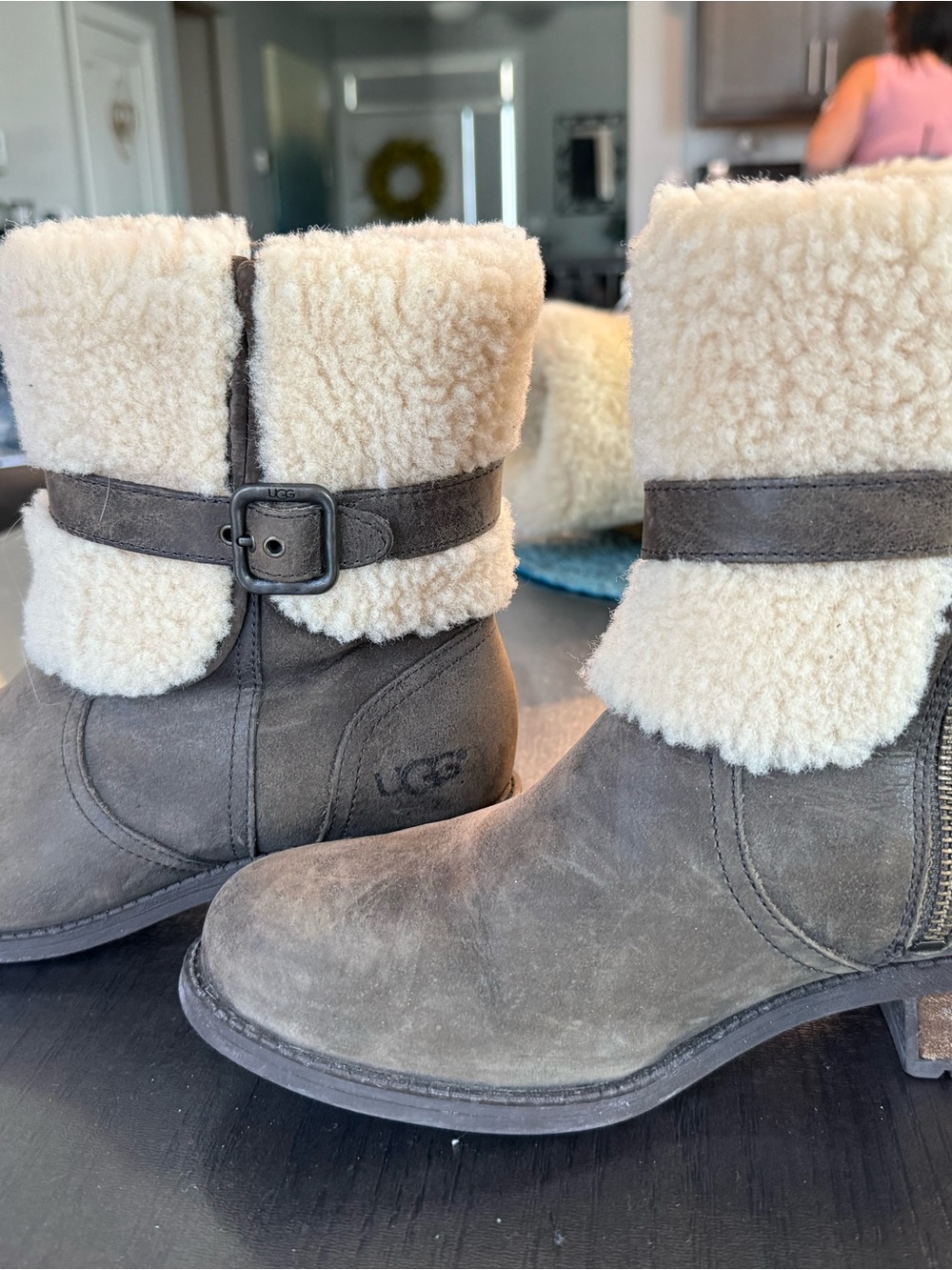 UGG Brown Suede Shearling Cuff Ankle Boots with Buckle - Picture 1 of 5
